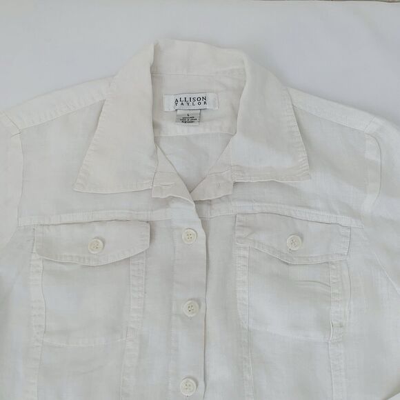 Allison Taylor Shirt Women L 100% Linen White Button Down Pockets Resort Beach - Picture 3 of 8